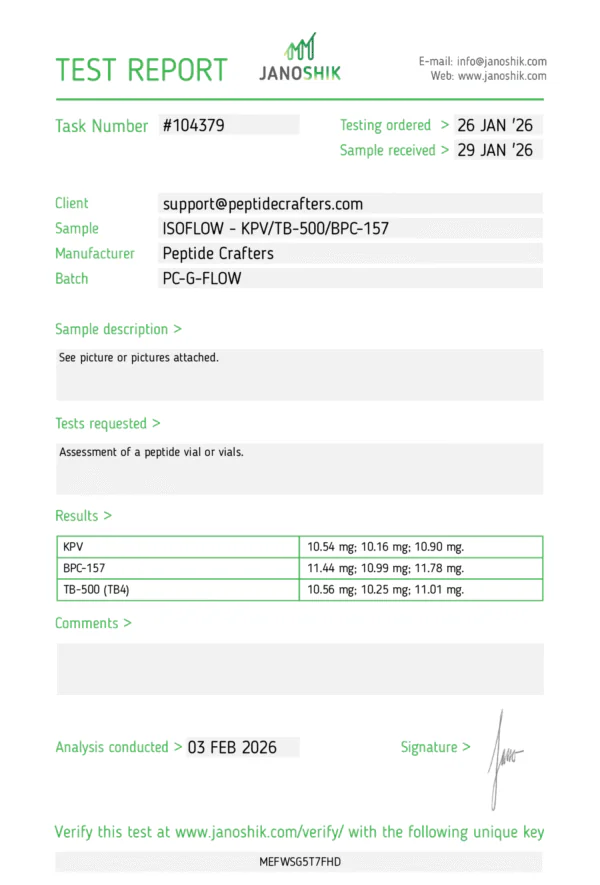 HPLC-ISOFLOW-30-mg-PC-G-FLOW-scaled-1.png ISOFLOW 30mg Large 8mL vial – KPV (10mg) + TB-500 (10mg) + BPC-157 (10mg)